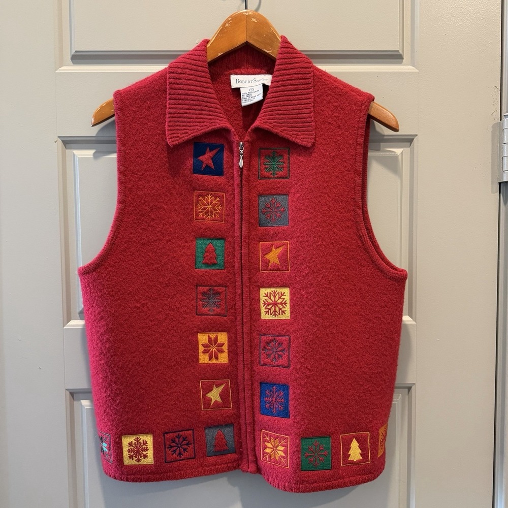 Robert Scott Wool Sweater Vest Small Red Christmas Zip Front